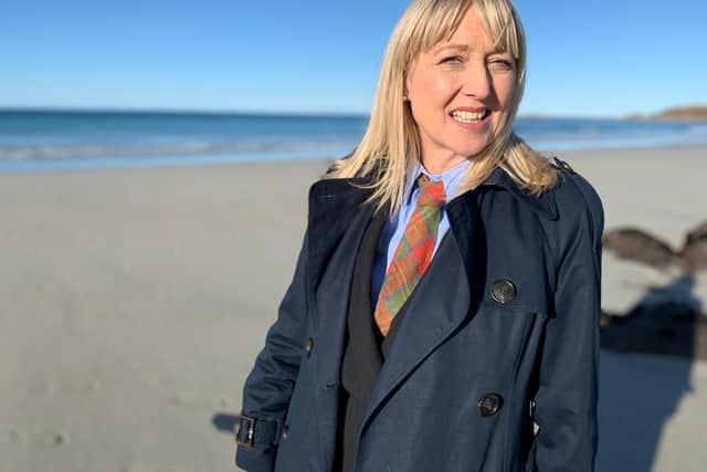 Broadcaster Cathy MacDonald on Tiree, home of KGB spy Donald MacLean. PIC: BBC Alba.