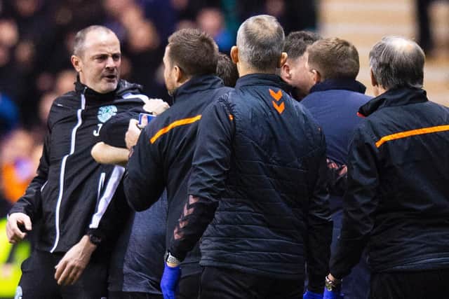 Tempers fray during the Hibs v Rangers match last month, with Easter Road coach John Potter in the thick of it. Picture: SNS