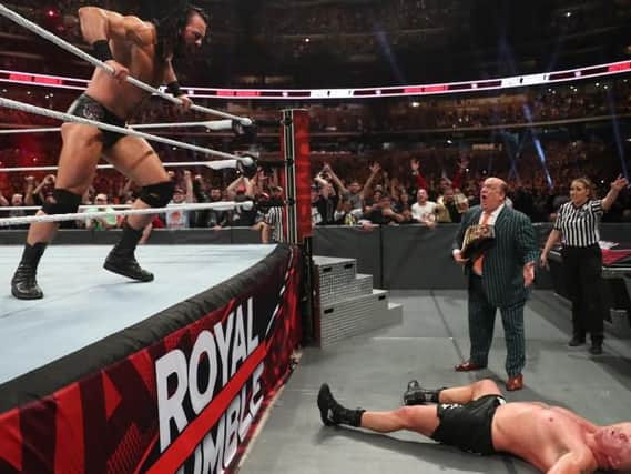 Scotland's Drew McIntyre gloats after eliminating Brock Lesnar from the Royal Rumble match (Photo: WWE.com)