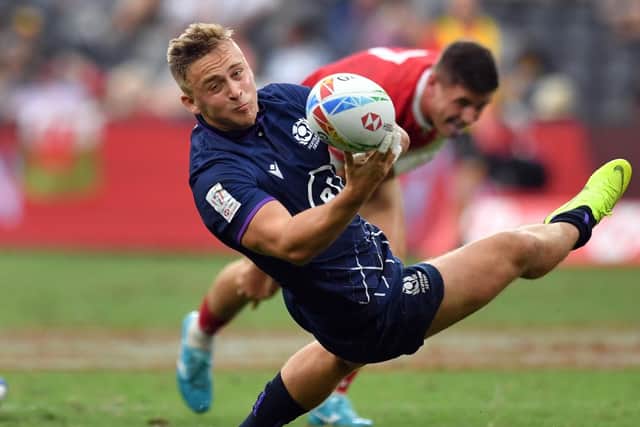 Harvey Elms of Scotland in action during a Sydney Sevens play-off clash with Wales
