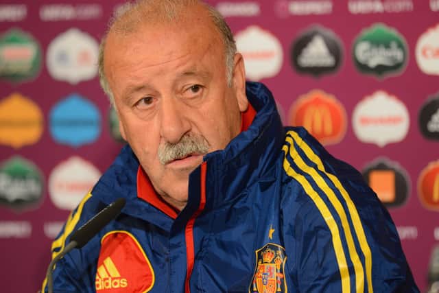 GDANSK, POLAND - JUNE 09: In this handout image provided by UEFA, Spain coach Vicente del Bosque talks to the media during a UEFA EURO 2012 press conference at the Municipal Stadium on June 9, 2012 in Gdansk, Poland. (Photo by Handout/UEFA via Getty Images)