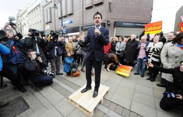 Labour Leader Ed Miliband takes to a pallet to talk to the residents of South Shields. Picture: PA