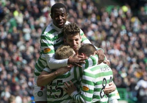 Celtic players celebrate Gary Hooper's second goal. The game finished 4-1. Picture: SNS