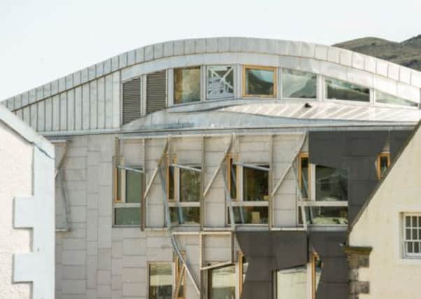 The Scottish Parliament, with the window that was broken due to high wind. Picture: Ian Georgeson