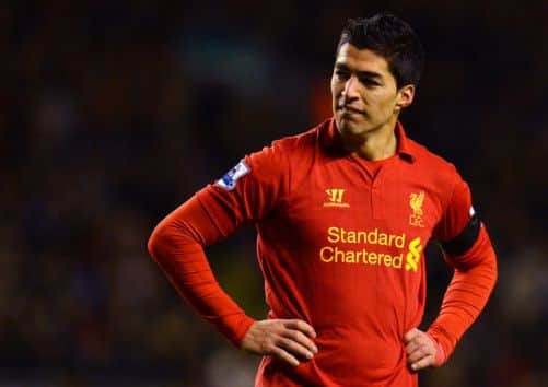 Controversial striker Luis Suarez has hit the headlines after appearing to bite Branislav Ivanovic. Picture: Getty