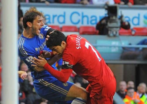 Suarez clashes with Ivanovic. Picture: Getty