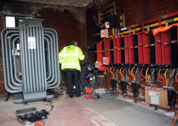 Repairs are carried out at the electricity substation at Burns Square, Greenock. Picture: John McGowan
