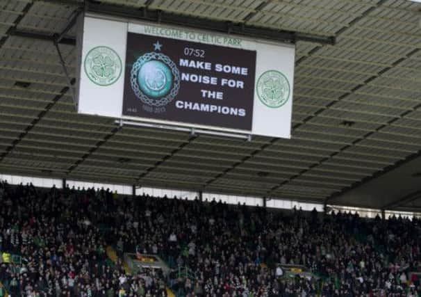 The scoreboard at Celtic Park hails Neil Lennon's squad after they clinched back-to-back SPL titles on Sunday. Picture: SNS
