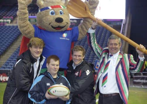 Edinburghs Scotland internationalists David Denton and Ross Rennie join Wooden Spoon Scotland president Gavin Hastings and Mikey Nesbit at Murrayfield to launch the Game On! Scotland initiative. Picture: Contributed
