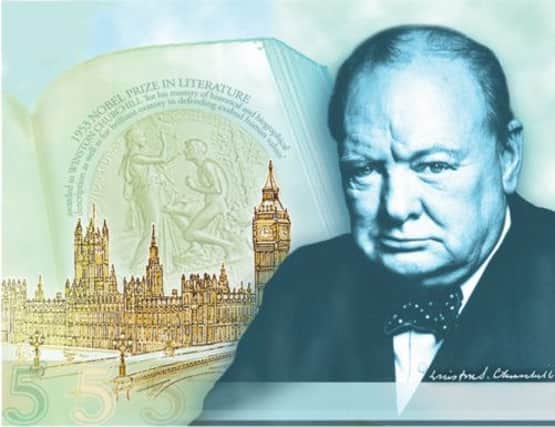 The new £5 notes, to be issued in 2016, show Winston Churchill's portrait against a Westminster backdrop. They also feature his Nobel prize citation. Picture: PA