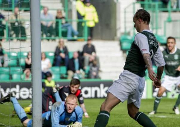 Leigh Griffiths taps home Hibs' equaliser. Picture: SNS