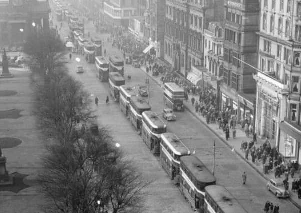 Trams pictured on Princes Street in 1952. Picture: TSPL