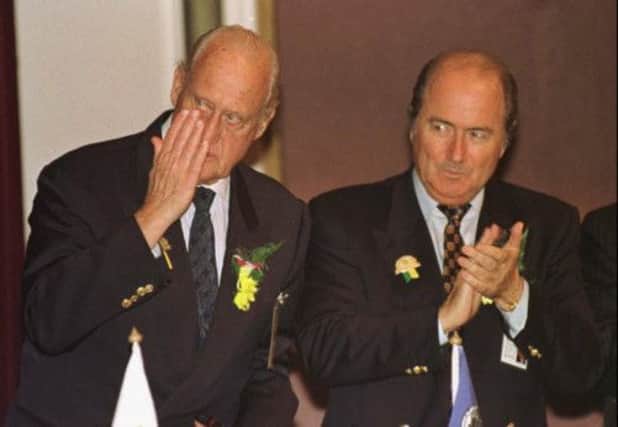 Joao Havelange, left, with Sepp Blatter in 1996, a year before the ISL cash transfer was made. Picture: AP