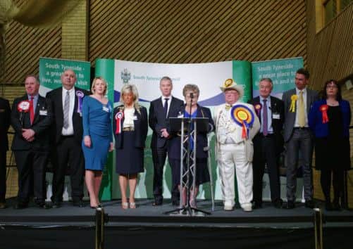 Emma Lewell-Buck, far right, of the Labour Party is pictured with the other candidates as she is declared the winner. Picture: Getty