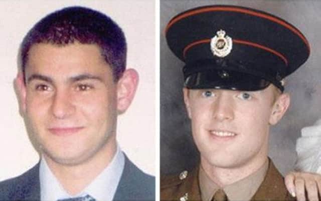 Sappers Patrick Azimkar 21 (left) and Mark Quinsey, 23, who were shot dead outside the Massereene Barracks. Picture: MOD