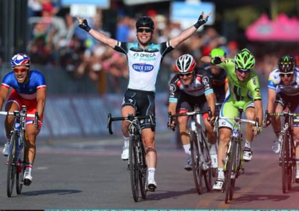 Mark Cavendish celebrates his Giro dItalia first-stage win in central Naples. Picture: Getty
