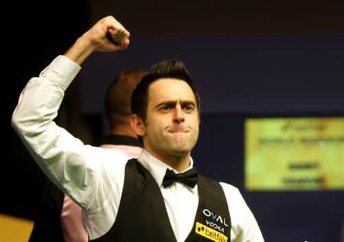 Ronnie OSullivan celebrates after his victory over Barry Hawkins at The Crucible last night. Picture: Getty