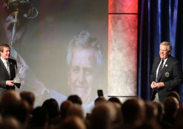 Colin Montgomerie walks on stage during his induction into the World Golf Hall of Fame. Picture: Getty