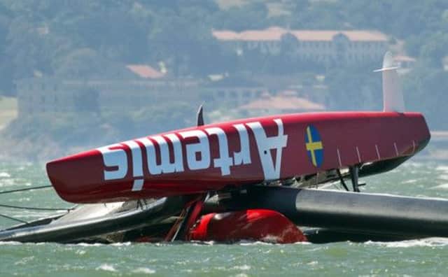 The wreckage of the Artemis catamaran in which British sailor Andrew Simpson died after it capsized in San Francisco. Picture: AP