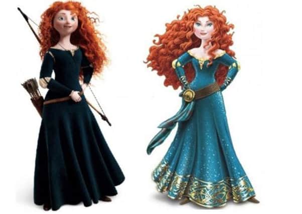 Disney Pixar's Merida, left, as seen in the film and the updated version used in the merchandise range, right. Picture: Complimentary