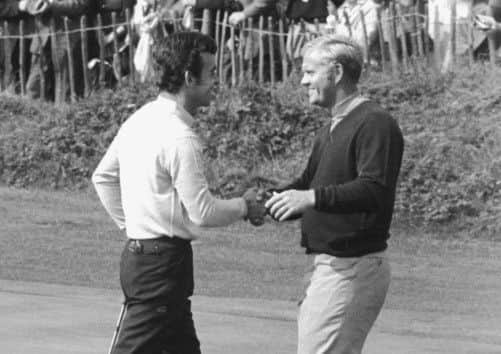 Tony Jacklin and Jack Nicklaus congratulate each-other after jointly winning the Ryder Cup. Picture: Getty