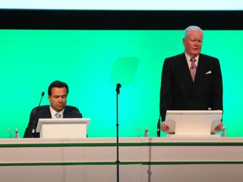 Chief executive Antonio HortaOsorio listens as Lloyds Banking Group chairman Sir Win Bischoff addresses shareholders. Picture: Contributed