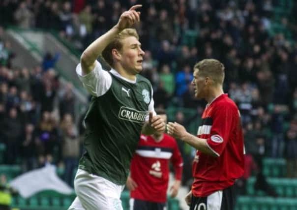 Hibernian's David Wotherspoon celebrates after opening the scoring. Picture: SNS