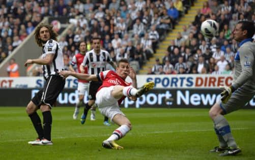 Laurent Koscielnys 52nd-minute volley beyond Steve Harper clinched the win for Arsenal. Picture: Russell Cheyne/Reuters