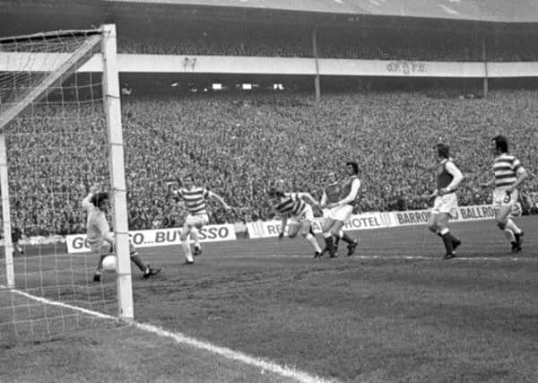 Celtic score their first goal against Hibs in the 1972 Scottish Cup final. Picture: SNS