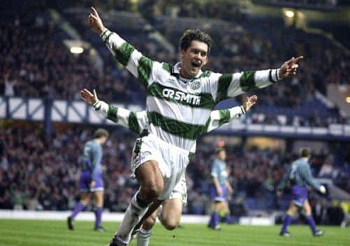 Willie Falconer celebrates after scoring Celtics second goal during the first half of the replayed 1995 semi-final at Ibrox. Picture: SNS