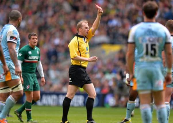 Dylan Hartley, right, is sent off for swearing at referee Wayne Barnes. Picture: Getty