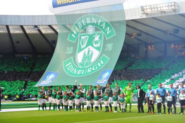 Hibs line up before the Scottish Cup final. Picture: TSPL