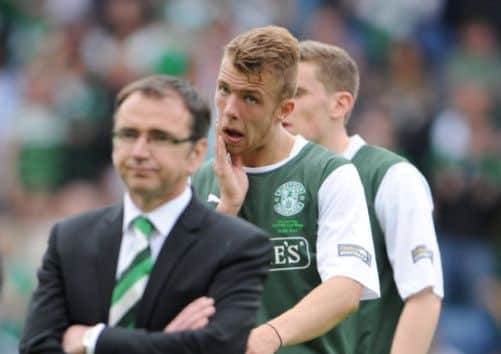 Jordan Forster, alongside Hibs manager Pat Fenlon. Picture: Jane Barlow