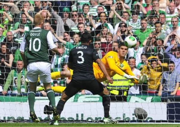 Fraser Forster saves from Eoin Doyle during the Scottish Cup Final. Picture: Robert Perry