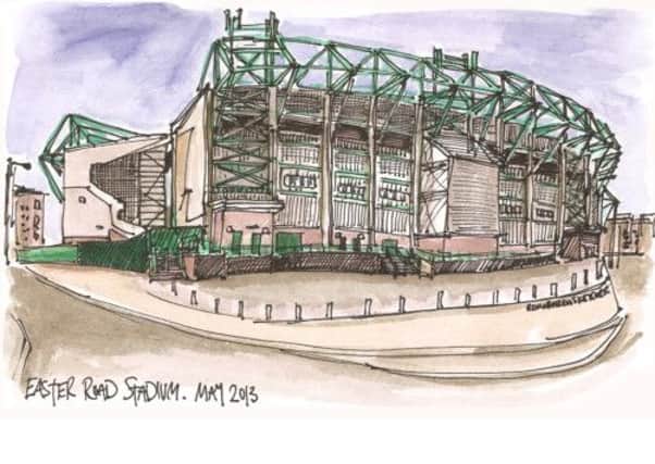 Hibernian FC Easter Road Stadium sketched by the EdinburghSketcher. May 2013. Copyright EdinburghSketcher at contact@edinburghsketcher.com