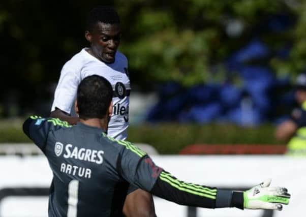 Amido Balde tries to score past Benfica goaklkeeper Artur Moraes on Sunday's Portugese Cup final, which Vitoria Guimaraes won 2-1. Picture: Getty