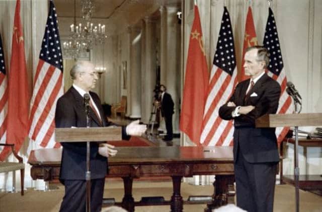 On this day in 1990, then Soviet president Mikhail Gorbachev and US president George H Bush signed an arms reduction pact. Picture: Getty