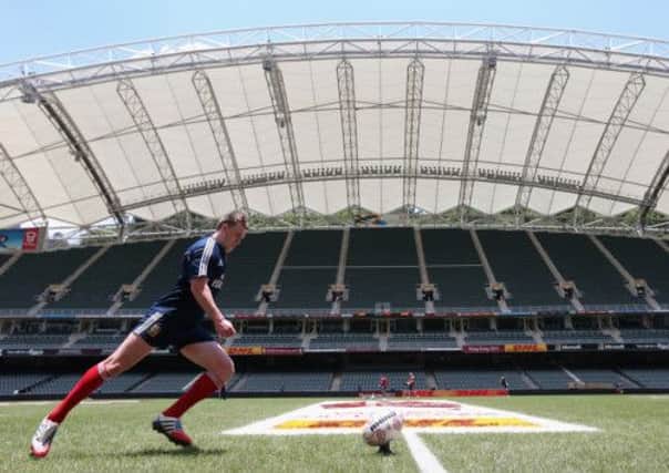 Stuart Hogg practices his kicking at the Hong Kong Stadium yesterday. Picture: Getty