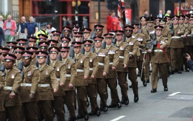 1st Battalion Scots Guards parade in Glasgow. Picture: Robert Perry