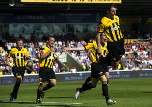 Auchinleck Talbot goal hero David Gormley, right, leaps with delight after his late winner which sent the Scottish Junior Cup back to Ayrshire. Picture: Alan Harvey/SNS