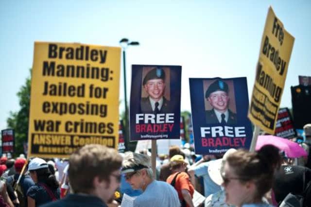 People gather in support of Wikileaks whistleblower, US Army Private Bradley Manning at Fort Meade. Picture: Getty