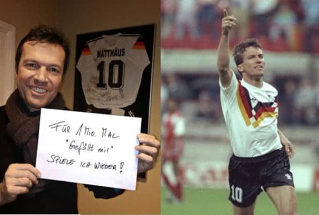 Lothar Matthaus: The pledge, left, and in his playing days. Picture: Facebook/Getty