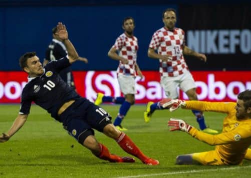 Robert Snodgrass hits the ball past Croatia keeper Stipe Pletikosa. Picture: SNS