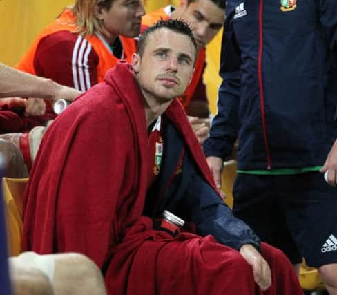British and Irish Lions' Tommy Bowe sits injured on the bench. Picture: PA