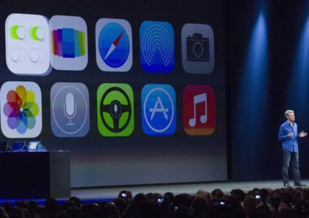 Apple's Craig Federighi introduces iOS7 at a keynote address during the 2013 Apple WWDC. Picture: Getty