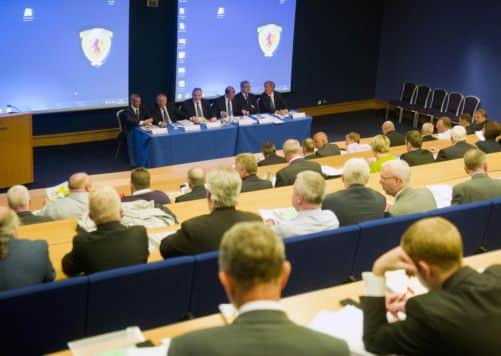 Campbell Ogilvie, Alan McRae, Rod Petrie, Stewart Regan, Tom Johnston and Barrie Jackson prepare to address board members. Picture: SNS