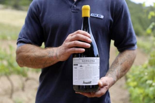 A prisoner in a penal colony, holds a bottle of Gorgona wine by Frescobaldi's vineyard . Picture: Reuters