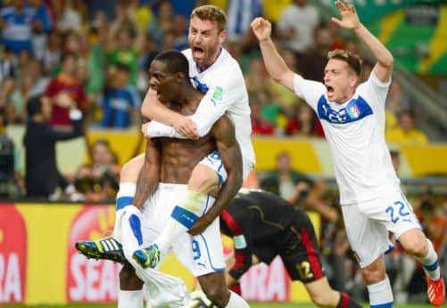 There were scenes of jubilation after Mario Balotelli scored Italy's second goal in the Maracana against Mexico. Picture: Getty