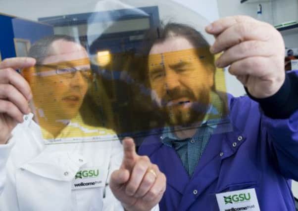 Brian Cox examines a section of his gene sequence with Dr Christian Cole. Picture: Alan Richardson (www.pix-AR.co.uk)