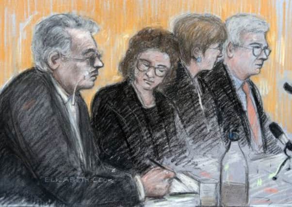 A court sketch shows Ian Brady, far left, appearing via video at his mental health tribunal. Picture: PA